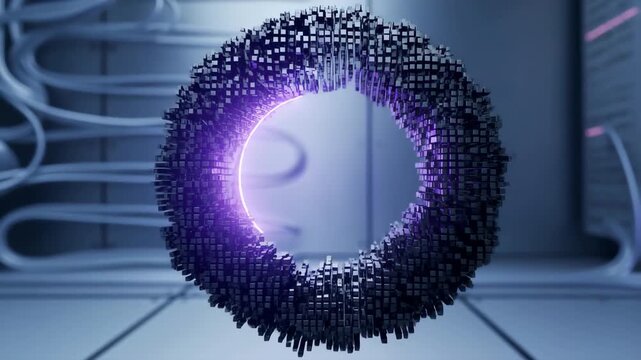 Futuristic sci-fi torus with pulsing purple neon light animation