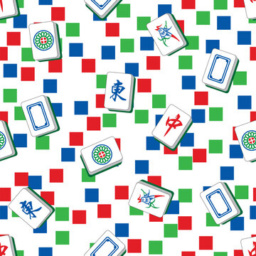 Mahjong tiles seamless pattern with colorful geometric squares background in modern flat vector style