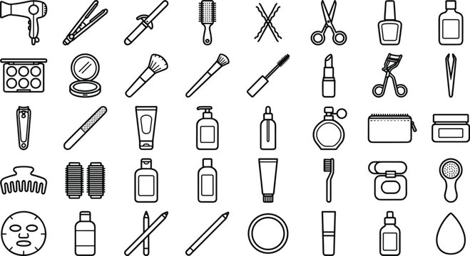 Beauty and cosmetic outline icon set featuring makeup hairstyling skincare salon and personal care symbols collection