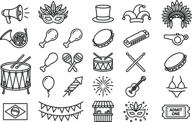 Obraz premium Brazil carnival festival outline icon set featuring samba music masks drums fireworks and celebration party symbols