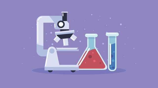 Animated laboratory equipment with microscope and glass flasks on purple background for science research concept.