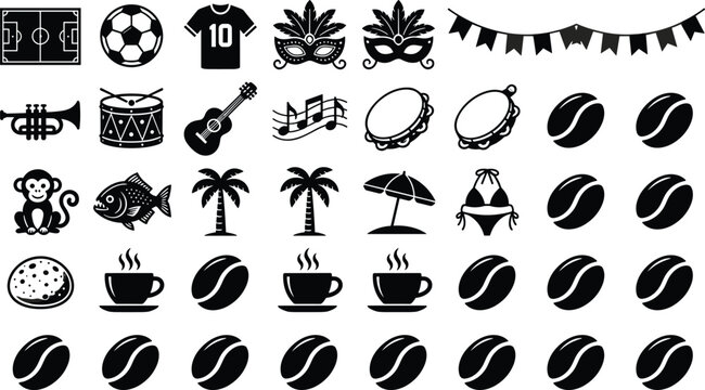 Brazil carnival and beach party silhouette icon set featuring music sports tropical vacation and festive celebration symbols