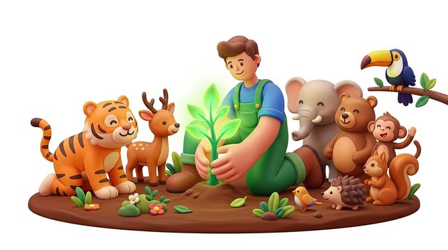 3D character planting a glowing green sapling surrounded by cute wild animals on white background