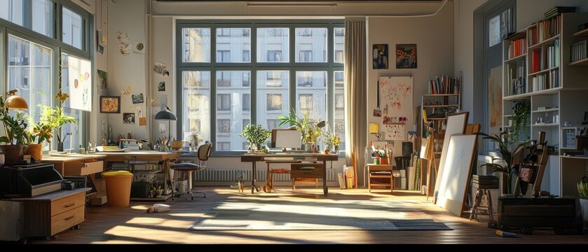 Sunlit creative workspace interior design