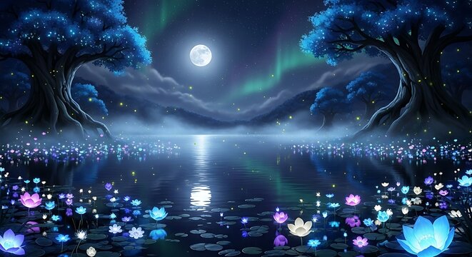 Enchanted midnight landscape features glowing flora, ancient trees, and celestial light over tranquil water