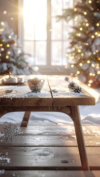 A rustic wooden table adorned with winter decorations and artificial snow, set against a festive background of blurred Christmas lights and bright sunshine.