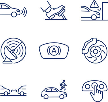 Set of car safety and driver assistance system icons, including automatic emergency braking, parking sensors, and collision warning