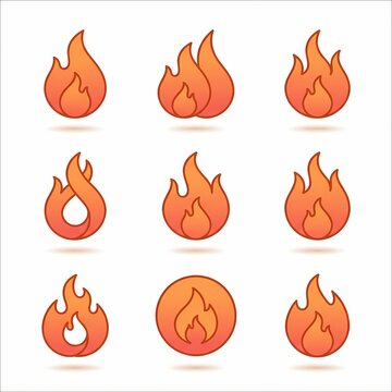 A flat illustration set of various fire element icons in orange hues
