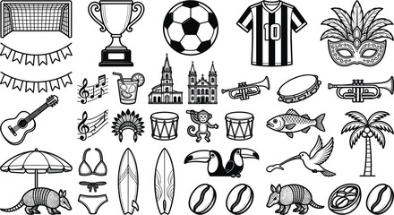 Fototapeta premium Brazil culture and tourism icon set featuring football soccer symbols carnival masks tropical animals like toucan and armadillo coffee beans and beach surfing elements isolated on white background