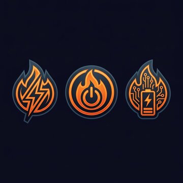 Energy icon set featuring fire and power symbols in orange