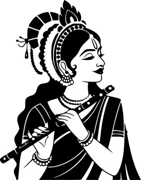 Traditional Indian woman holding flute in classical pose with ornate jewelry and hairstyle, sacred Hindu Radha or Krishna bold black vector illustration for spiritual and cultural print design