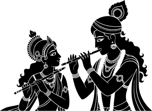 Lord Krishna playing flute with Radha listening in devotion, sacred Hindu divine couple detailed black silhouette illustration with peacock feather and jewelry for spiritual wall art and print