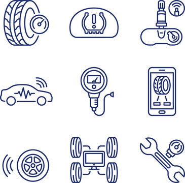 Set of tire pressure monitoring system icons, including tpms sensor, dashboard warning light, digital gauge, and mobile app monitoring