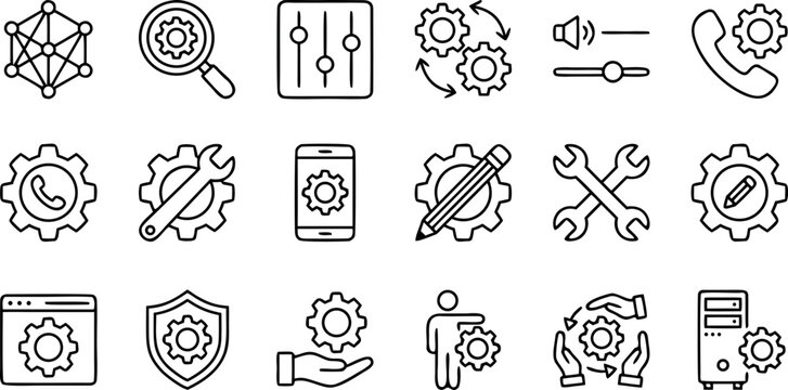Comprehensive collection of linear icons representing technical support system settings maintenance and business process optimization symbols for design.