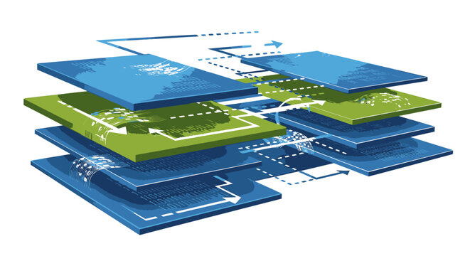Isometric layered platforms showing digital mapping and cloud data infrastructure