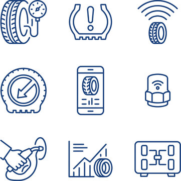 Set of thin line icons related to tire pressure monitoring system, automotive sensors, and wheel maintenance, isolated on white background