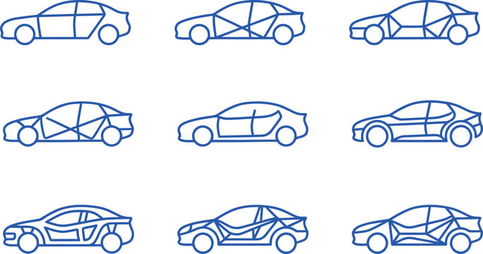 Set of car side view icons, vector illustration of different automobile body types and structural designs isolated on white background