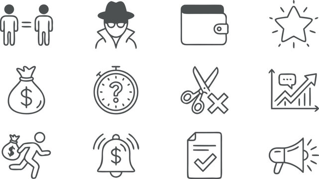 Set of black line icons representing financial concepts business security profit growth and corporate risk management symbols.