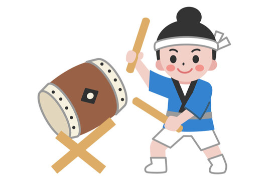 お祭りの法被を着た、太鼓を演奏する女性 （主線なし）