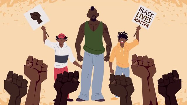 Black lives matter movement with activists and raised fists demanding justice and equality dynamic motion footage.