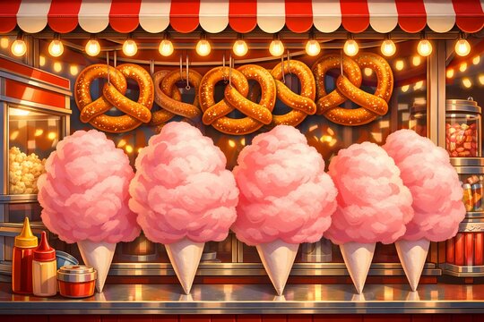 Colorful cotton candy and fresh baked pretzels displayed at a carnival concession stand. Ideal for fairground event promotions, snack bar menus, and summer festival advertising.