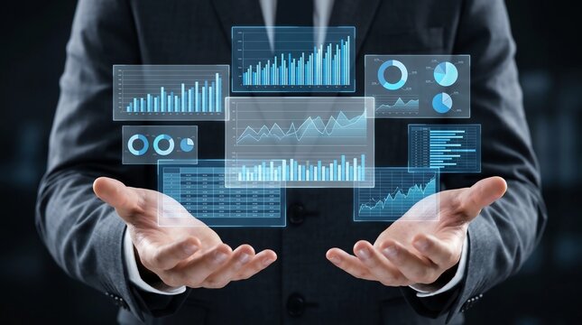  Business reporting dashboard with analytics charts and document management system Professional holding financial reports and statistics