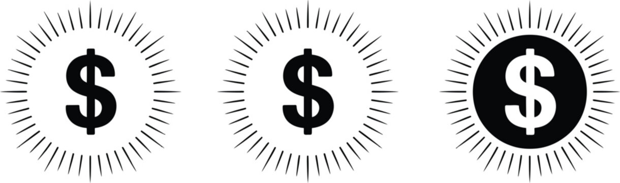 Dollar sign icons, illustration set, minimalist vector collection of three dollar symbols with glowing sunburst rays for banking finance and investment design themes.