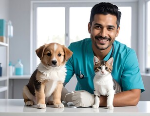 Veterinarian with dog and cat.