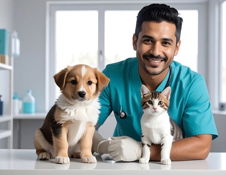 Veterinarian with dog and cat.
