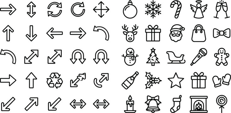 Comprehensive line icon set featuring versatile navigation arrows and festive Christmas holiday symbols like Santa, reindeer, and gifts isolated on white background for seasonal design