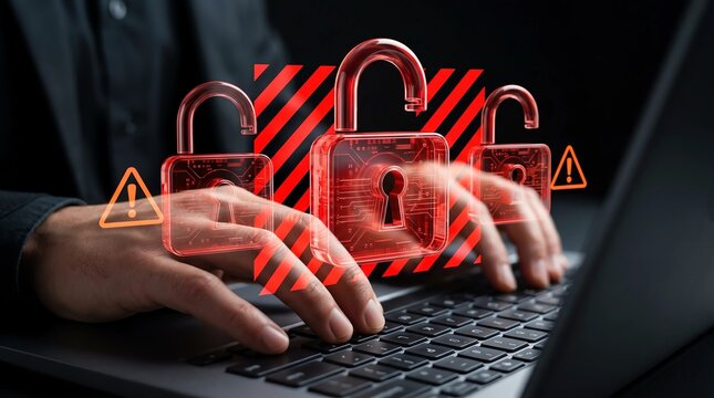  Data breach and account takeover attack scenario with compromised network security Cybercriminal accessing protected information system