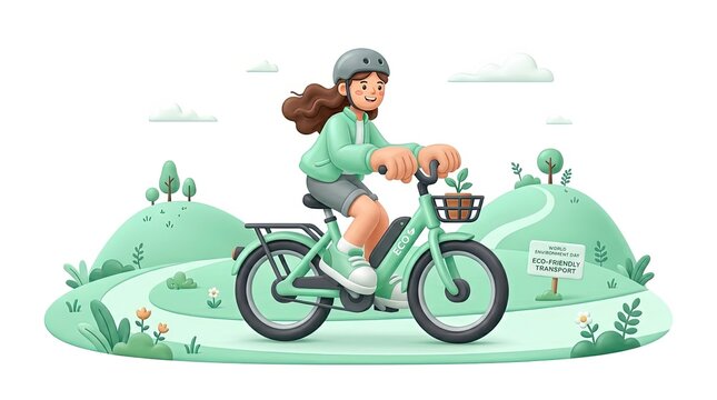 3D Illustration of a Girl Riding an Eco-Friendly Electric Bicycle in a Green Landscape