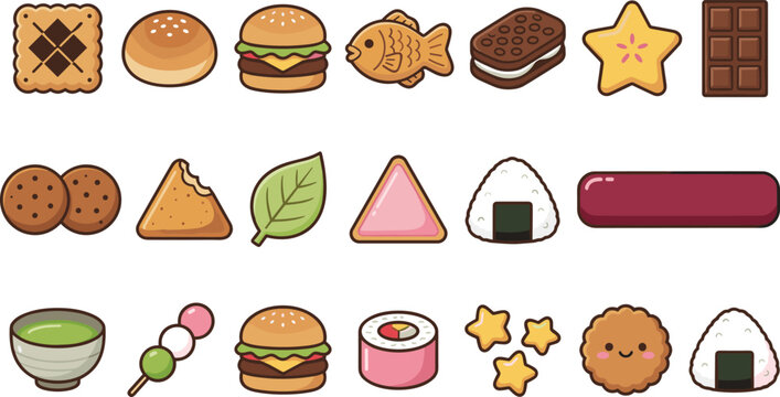 Cute Japanese food and snack collection set with sushi onigiri burger cookies and sweets, cartoon vector illustration for menu and restaurant design