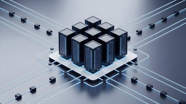 A futuristic 3D rendering of a server farm with sleek black towers and neon blue lines on a dark metallic background