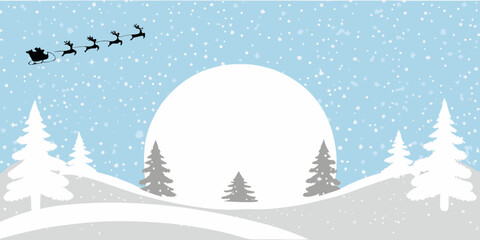 Flat winter landscape with santa claus and reindeer snowy scene with pine trees high quality © Rina