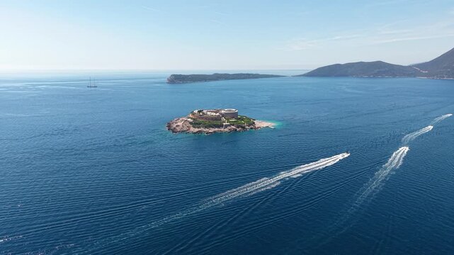 Aerial View of Mamula Island, Old Fortress Now Resort in Adriatic Sea and Montenegro, Drone Shot
