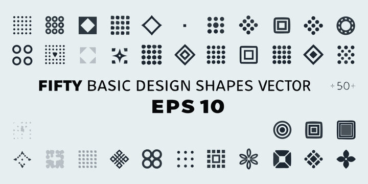 Collection of fifty basic geometric design shapes vector illustration on a light gray background