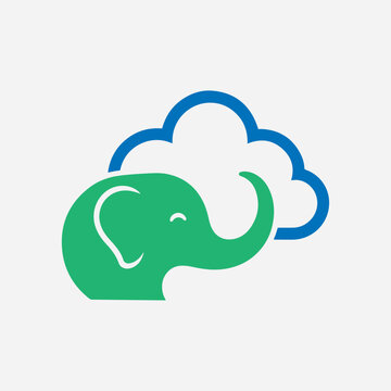 Green Elephant Head with Blue Cloud Icon, Simple Flat Design, White Background