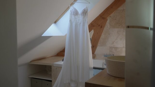 Slow push in revealing a white lace wedding dress hanging under a roof windows in a rustic attic bathroom with skylights and wooden beams. soft diffused light.