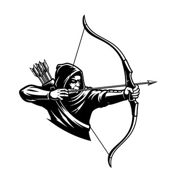 Stylized depiction of a hooded archer drawing a recurve bow, arrow nocked and ready to release, quiver of arrows visible at back
