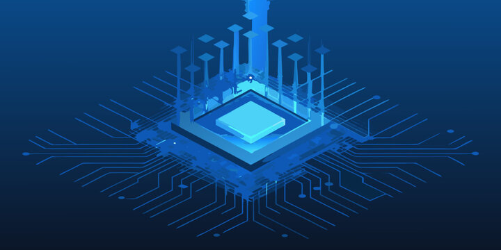Glowing blue microchip with circuit board pattern on a dark blue background high quality professional