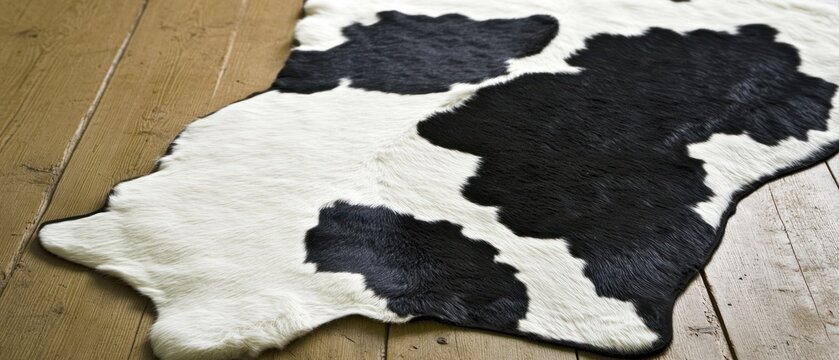 Black and white cowhide rug on wooden floor natural texture