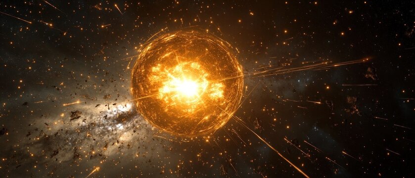 Exploding star or celestial body in outer space with fiery energy and cosmic dust