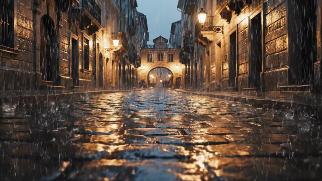 Rain-soaked cobblestone street flanked by lit buildings under evening sky, reflecting warm lights