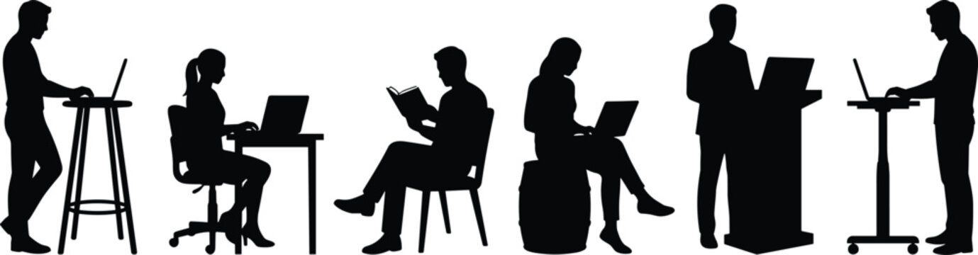 Silhouette vector illustration set of business people working on laptops at desks, reading books, and using standing workstations in office
