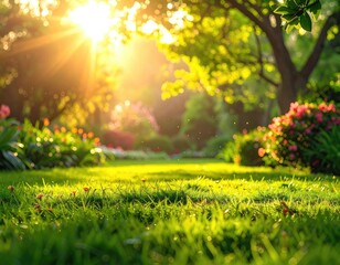 Obraz premium Golden sunlight illuminates a vibrant green lawn and garden with lush trees and flowering bushes.