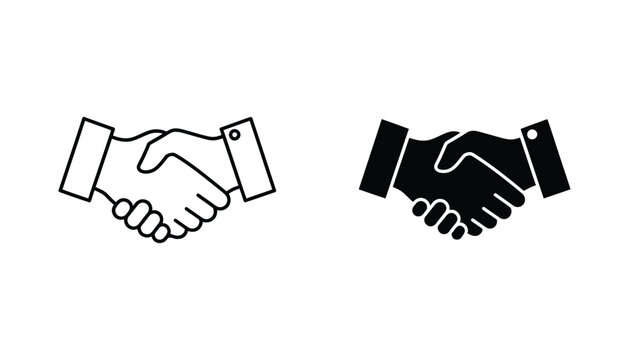 Professional business handshake icon set in clean line art and solid black silhouette styles for partnership or corporate collaboration branding