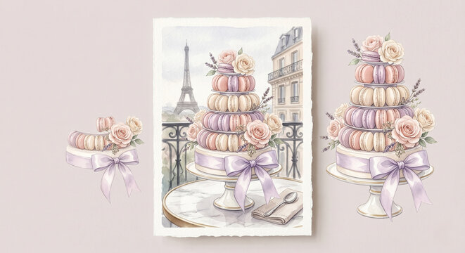 Romantic Paris watercolor illustration set with a macaron tower cake, Eiffel Tower view, and roses. Elegant design for wedding invitations or French patisserie branding.