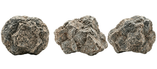 Rough textured gray stones in a trio on white background, natural rock collection for geology study, landscaping, design mockups and organic material concepts   © Emilia