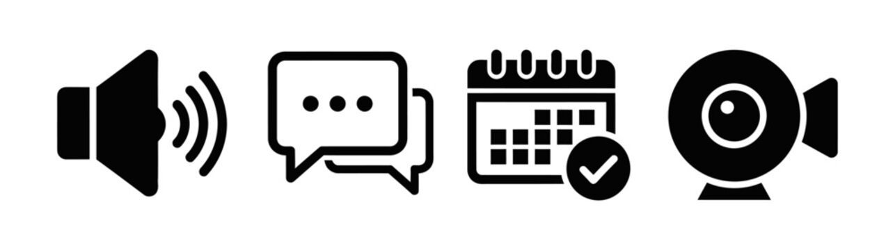 Streamlined vector collection of essential interface icons speaker, chat bubbles, calendar with checkmark, and webcam, ideal for modern digital communication and productivity applications